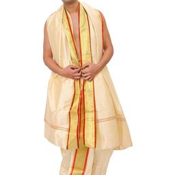 Exotic India Art Silk Ready to Wear Dhoti and Veshti Set with Woven Golden Border-image-81