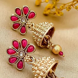 Zeviel Gold-Plated Artificial Stones Studded And Beaded Antique Dome Shaped Jhumkas-picture-3