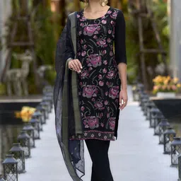 Black Floral Embroidered Rayon Kurta Set with Navy Organza Butti Dupatta-image-11