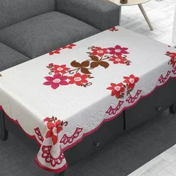 LooMantha White Floral Anti-Skid Cotton 4-Seater Table Cover-12