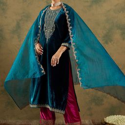 Indo Era Ethnic Motifs Embroidered Regular Velvet Straight Kurta with Trousers & Dupatta-picture-19