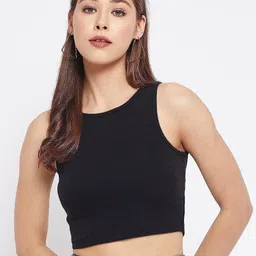 PRIME LOVE Solid Round Neck Sleeveless Crop Top-image-56