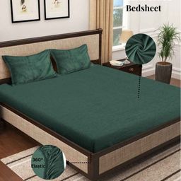 Aura Green Solid Woolen King Size Winter Fitted Bedsheet & 2 Pillow Covers 2.35 m X 2.15 m-picture-33