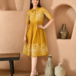 DECKEDUP Floral Printed Shirt Collar Cotton A-Line Midi Dress-32