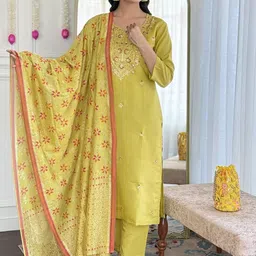 KAUTIK FABRICS Floral Embroidered Sequinned Chanderi Silk Kurta With Trousers & Dupatta-37
