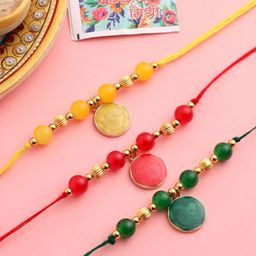 Sangria Set Of 3 Stones Studded & Beaded Thread Rakhi With Roli Chawal Chandan-31