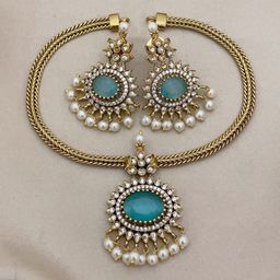 D Rio Fashions Gold-Plated Cubic Zirconia Stone Studded & Beaded Jewellery Set-image-87