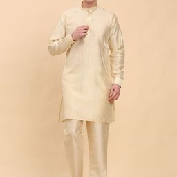 Pro-Ethic STYLE DEVELOPER Mandarin Collar Sequinned Pure Silk Kurta with Trousers & Jacket-image-80