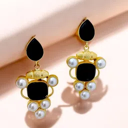 TISHUL JEWELS Gold-Plated Artificial Stones Studded & Beaded Classic ShapedDrop Earrings-47