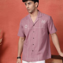 Sangria Embroidered Cotton Cubans Collar Shirt-image-32