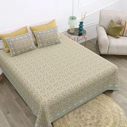 Texstylers Grey & Gold-Toned Floral 210 TC Queen Bedsheet with 2 Pillow Covers-image-8