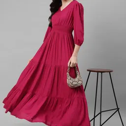 Raiyani Fashion Women V-Neck Tiered Long Flared Maxi Dress-picture-44