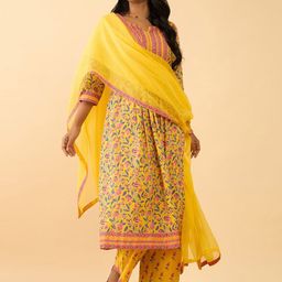 Taneira Floral Printed Sequinned Pure Cotton Anarkali Kurta with Palazzos & Dupatta-image-90