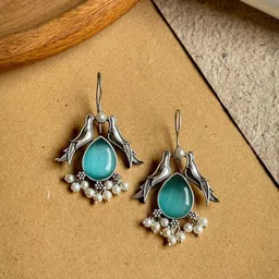NAMAN ARTS Silver-Plated Stones Studded & Beaded Animal Shaped Oxidised Drop Earrings-14