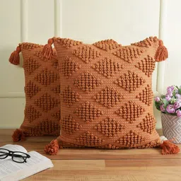 eyda Rust 2 Pieces Textured Cotton Square Tasselled Cushion Covers-65