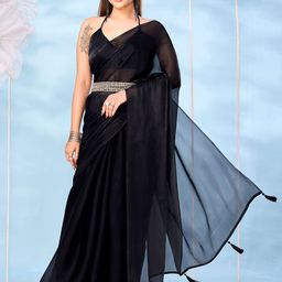House of Pataudi Solid Belted Saree with Blouse Piece-picture-48