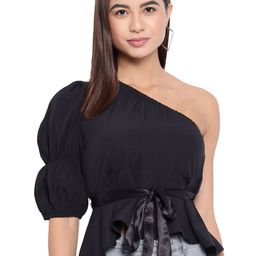 OTIRA Women One Shoulder Puff Sleeve Cinched Waist Top-image-58