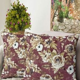 Blue Grass Maroon & White 2 Pieces Floral Printed Velvet Square Cushion Covers-image-90