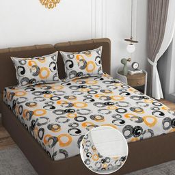 Myntra Elegant Homes White & Yellow Printed 300TC Fitted King Bedsheet Set 1.98m x 1.82m-image-67