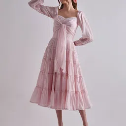 TORSHA Women Floral Print Square Neck Flared Sleeve Fit & Flare Midi Dress-image-59