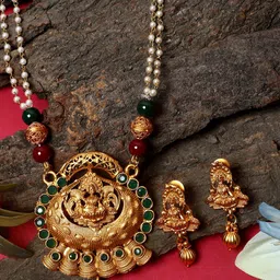 Anouk Anikas Green Gold Plated Artificial Stone Studded & Beaded Temple Jewellery Set-36