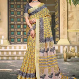 PHEASANT Floral Zari Pure Linen Block Print Saree-12