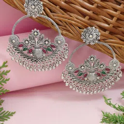 I Jewels Silver-Plated Stones Studded & Beaded Floral Shaped Oxidised Drop Earrings-image-94