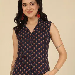 Nayo Women Ethnic Motifs Printed Lapel Collar Cotton Top-picture-12