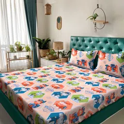 Myntra Elegant Homes Orange & Green Cartoon Characters Flat 400 TC Cotton King Bedsheet with 2 Pillow Covers-picture-14
