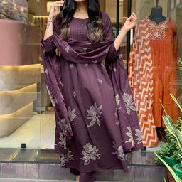GoSriKi Floral Printed Round Neck A-Line Kurta With Trousers & Dupatta-image-16