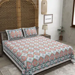 CLOTHOLOGY Orange & White Geometric 180 TC King Bedsheet with 2 Pillow Covers-image-94