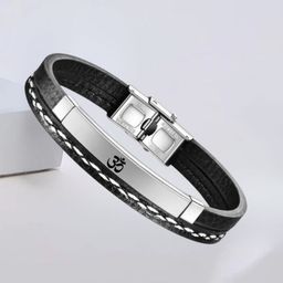 M Men Style Men Silver-Plated Om Leather Wraparound Bracelet-image-48