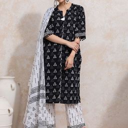 Moara Geometric Printed Notch Neck Pure Cotton Straight Kurta With Trousers & Dupatta-picture-11