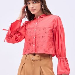 DressBerry Women Bishop Sleeves Cotton Schiffli Shirt Style Crop Top-image-50