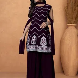 PARROT CREATION Chevron Embroidered Georgette Straight Kurti With Sharara & Dupatta-image-80