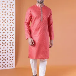 AURIK Geometric Woven Design Mandarin Collar Cotton Silk Straight Kurta With Pyjamas-picture-3