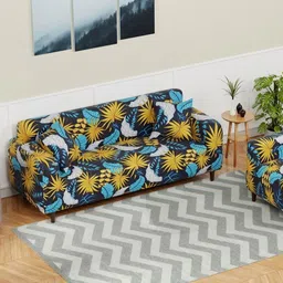 Aura Yellow & Blue Printed Polyester 3 Piece Sofa Cover With Arms-image-63