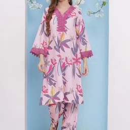 Bhama Couture Floral Printed V-Neck A-Line Kurta with Palazzos-14