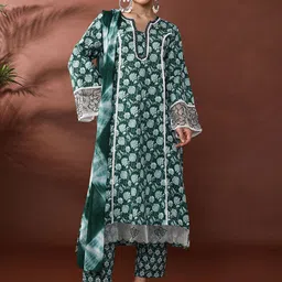 Anouk Floral Embroidered Mirror Work Pure Cotton Kurta With Trousers & Dupatta-picture-18