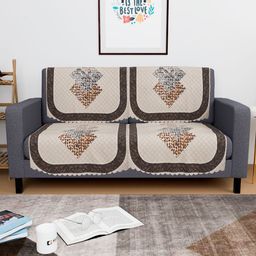 Aura Stone Cream-Coloured & Brown 4 Pieces Geometric Printed 2 Seater Velvet Sofa Covers-8
