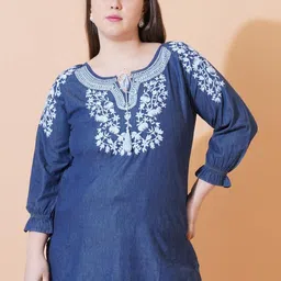 SAAKAA Women Floral Embroidered Tie-Up Neck Denim Top-picture-1