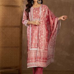 Inddus Women Floral Printed Regular Gotta Patti Chanderi Cotton Kurta with Trousers & With Dupatta-9