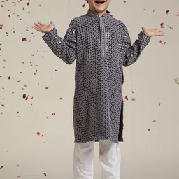 Manyavar Boys Embroidered Regular Chikankari Kurta with Pyjamas-image-13