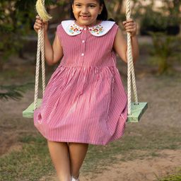 Sangria Girls Striped & Embroidered Cotton Peter Pan Collar A-Line Knee Length Dress-49