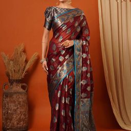 yourwish Ethnic Motifs Woven Design Zari Organza Banarasi Saree-image-88