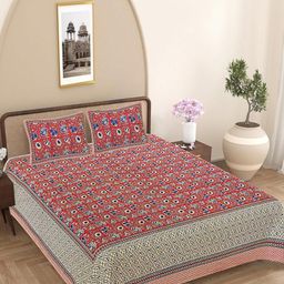 FrionKandy Living Red & Blue Floral 180 TC King Bedsheet with 2 Pillow Covers-image-99