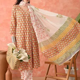Sangria Women Floral Printed Cotton Kurta with Trousers & Dupatta-picture-13