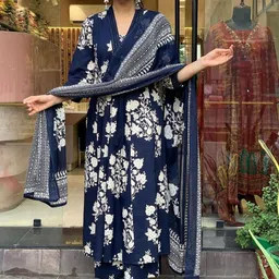 KALINI Floral Printed V-Neck A-Line Pure Cotton Kurta with Palazzos And Dupatta-8