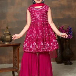 Sangria Girls Ethnic Motifs Embroidered Georgette A-Line Kurta & Sharara with Dupatta-picture-10