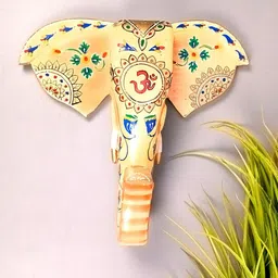 apka mart Yellow & Blue Printed Om Design Elephant Head Hanging Wooden Wall Decor-53